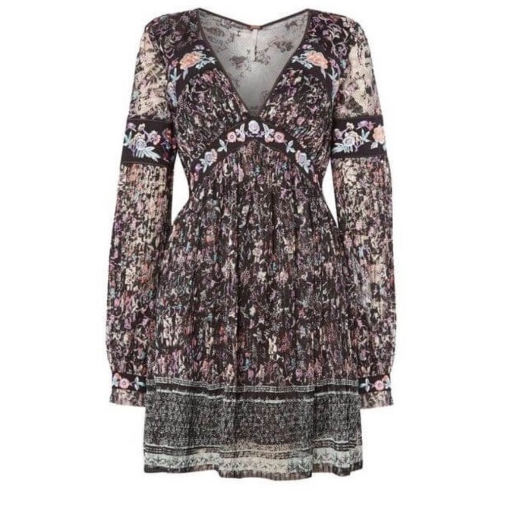 Free People Embroidered Floral Black Dress 0 NWOT